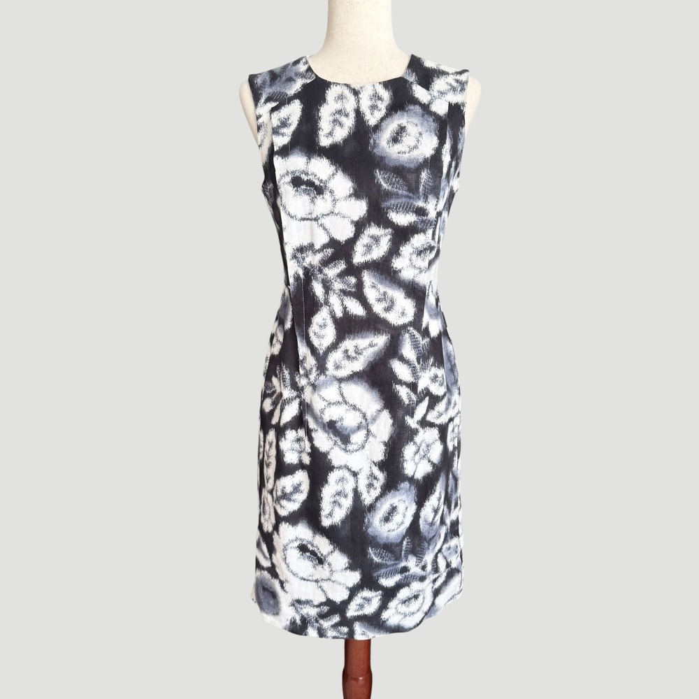 Donna Morgan Linen Floral Ikat Sheath Dress Women Sz 4 White Black Preppy office